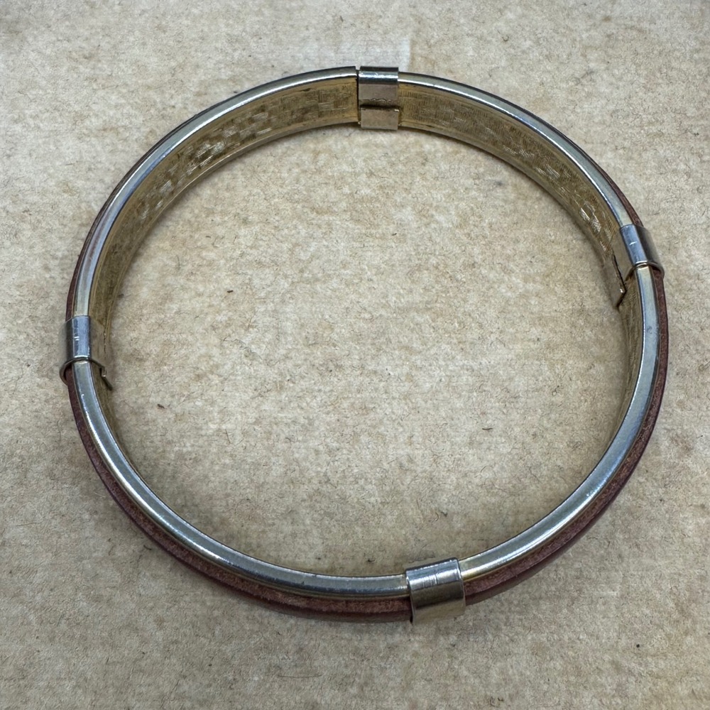 Vintage Mixed Metal Brown Leather Inlay Hinge Bangle Bracelet Gold Silver Tone